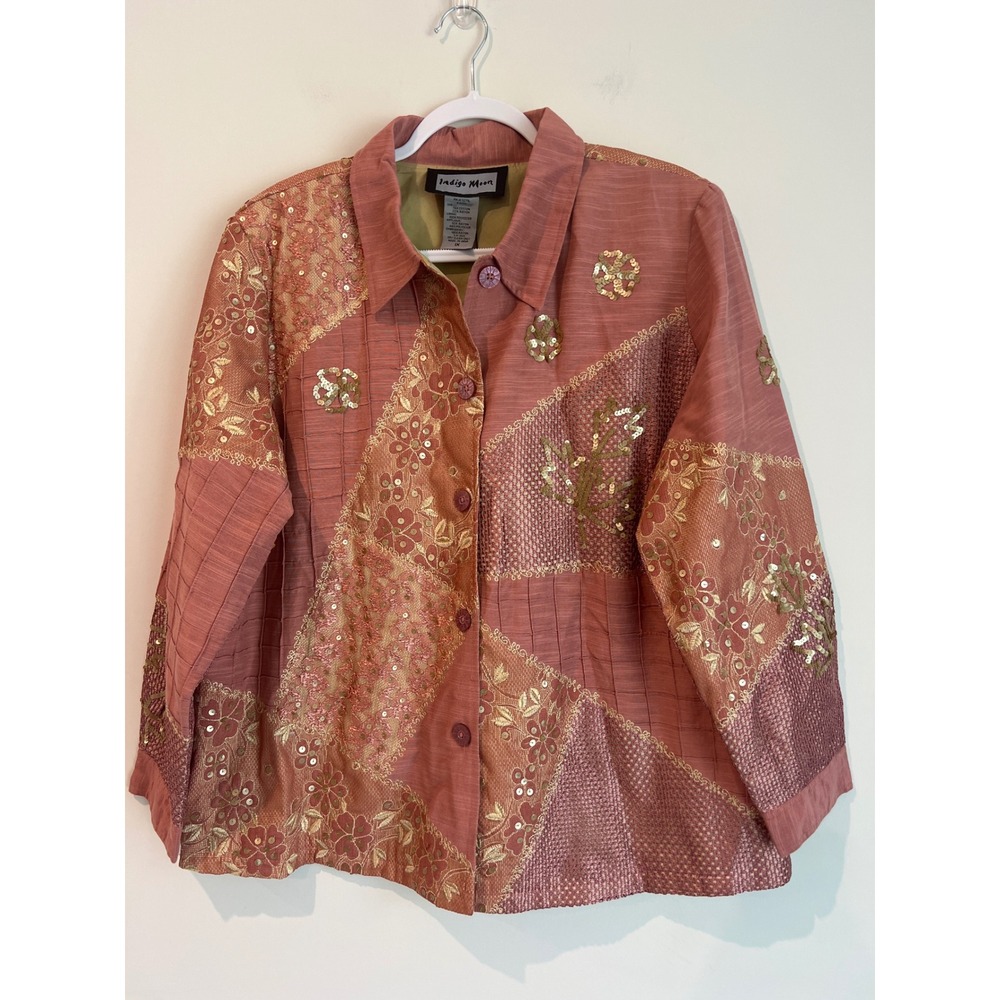 Indigo‎ Moon Pink Sequin Floral Art To Wear Jacket Women's 1X Retro Boho